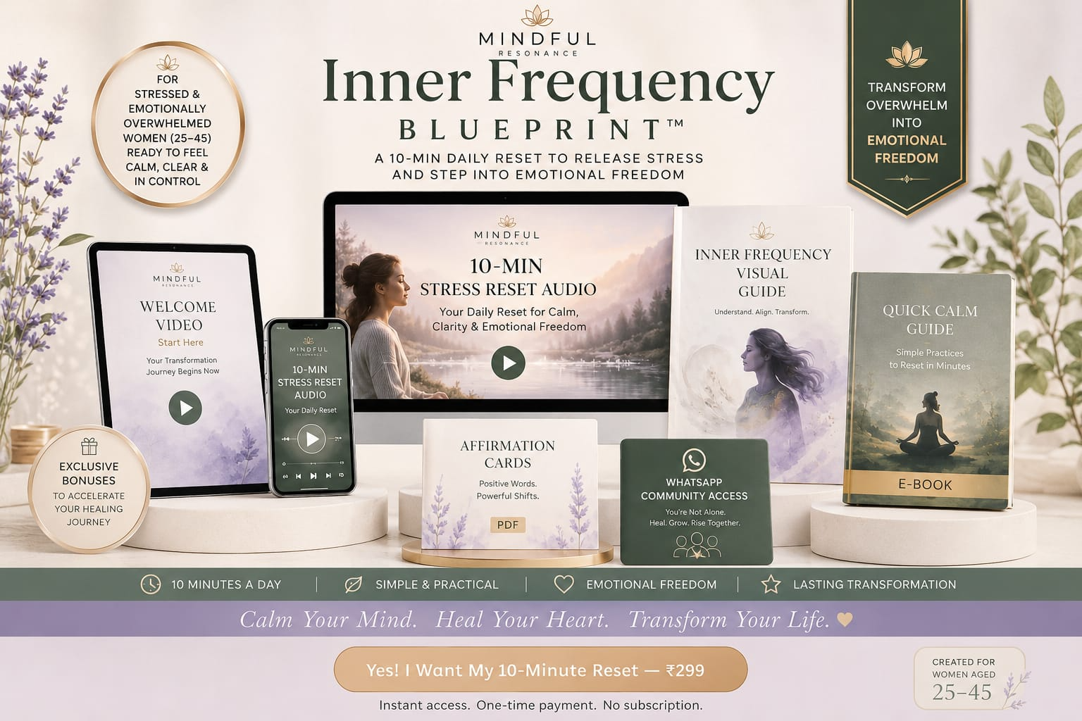 Inner Frequency Blueprint bundle: 10-minute reset audio, welcome video, visual guide, affirmation cards, e-book and community access