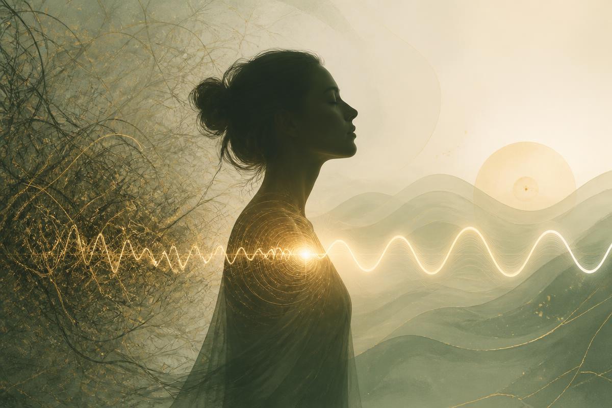 Illustration of chaotic emotional frequency becoming a calm steady wave