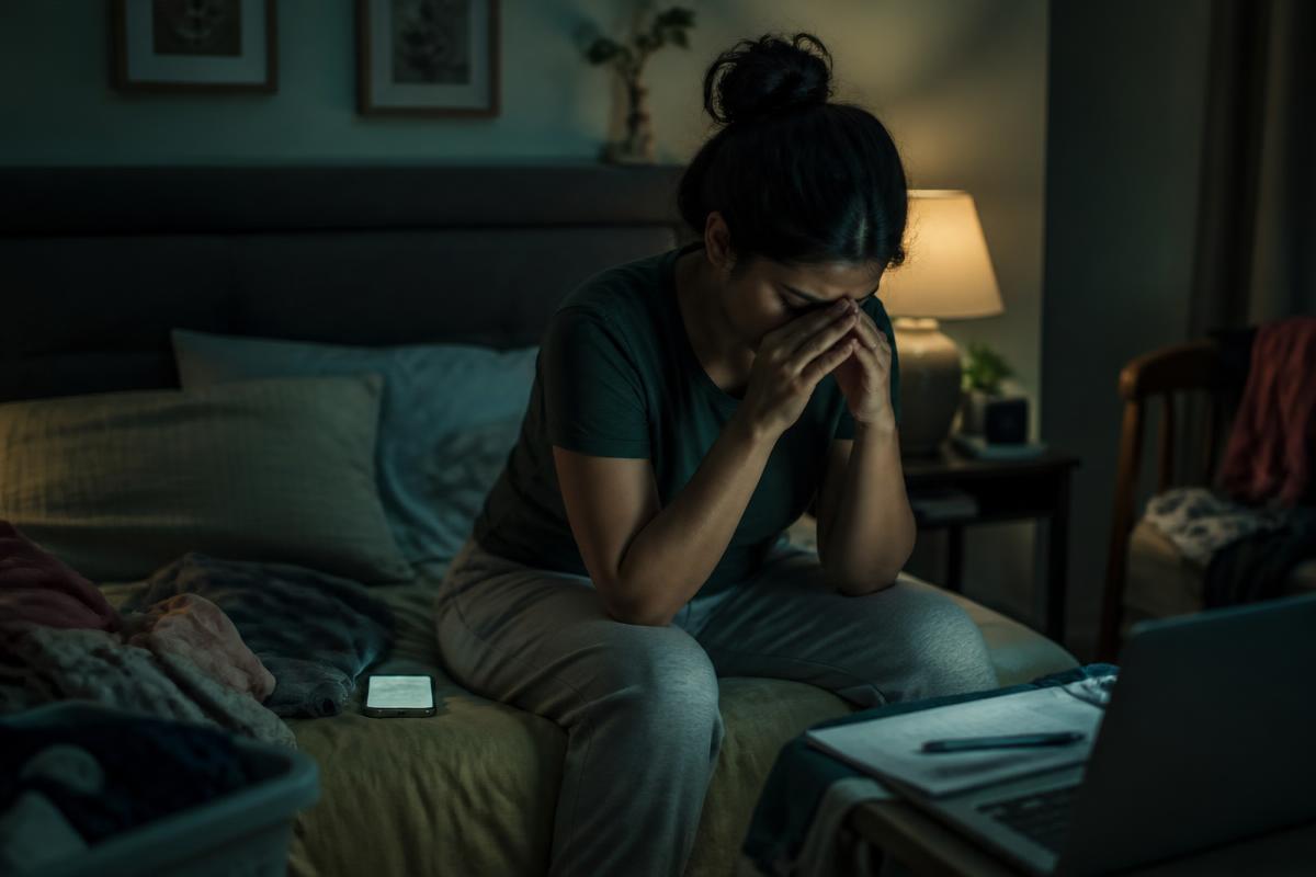 Exhausted woman sitting on the edge of her bed late at night