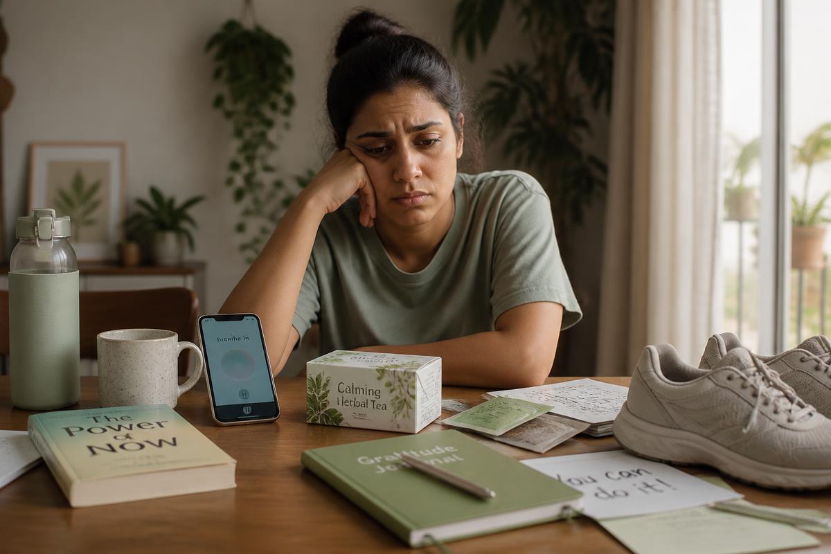 Woman surrounded by meditation apps, self-help books and wellness products that did not help